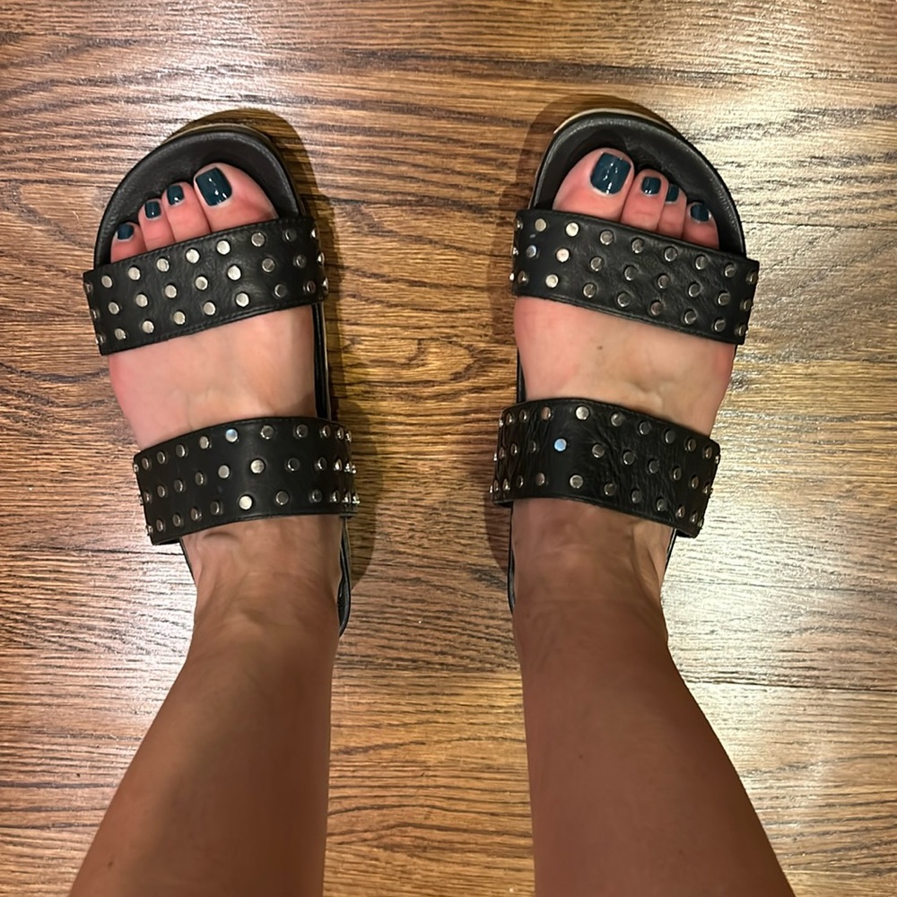 J Slides NYC size 6 sandals. Black with silver studded design. Arch support.